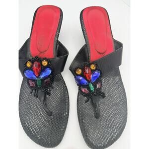 VTG Norman Kaplan Las Vegas Jeweled Mules 7-7.5 Black Snake Skin Showgirl Glam